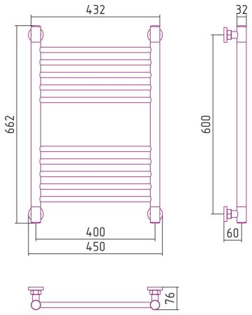 Полотенцесушитель водяной "Богема+" прямая 600х400 (Состаренная ЛАТУНЬ), артикул 051-0220-6040