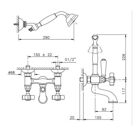 Nicolazzi Dames Anglaises Смеситель настенный для ванны с 2мя ручками, с переключателем ванна/душ, + комплект руч. душа, цвет: Bronze Plated, артикул 1402BZ18