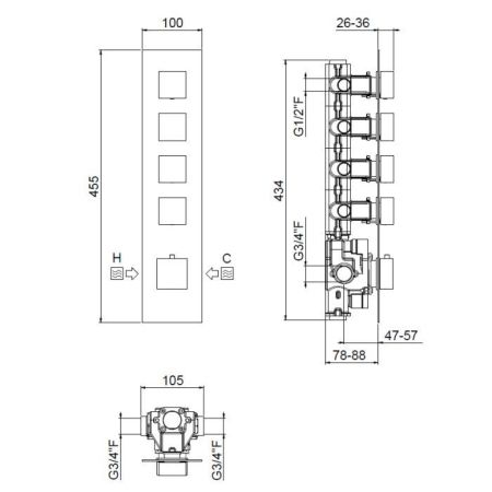 Carimali ILQUADRO  Внешняя часть вертикальная для термостатического смесителя с 4-ю независимыми выходами, цвет хром, артикул 21040EST-CR