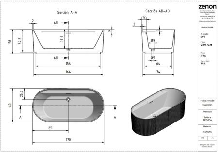 Zenon Olympia, акриловая ванна закругленной формы с рельефом, 170x80xh58 см, цвет белый матовый, артикул 4000.000.000.000.39658