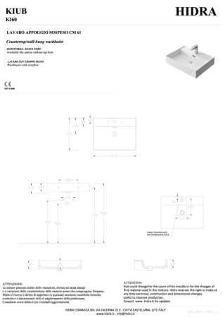 Hidra Kiub, накладная/подвесная прямоугольная раковина 61x46x12h см, цвет белый глянцевый, артикул KI60/001