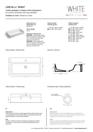 White Ceramic Like, накладная/подвесная прямоугольная раковина с отверстием п/с 80x46x13h см, цвет белый глянцевый, артикул W092701