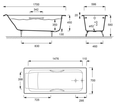 E2948-00 ванна PARALLEL /170x70/ (бел) с отв. под ручки, артикул E2948-00