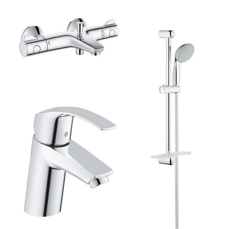 Готовый набор для ванны GROHE: смеситель для раковины, термостатический смеситель для ванны, душевой гарнитур, хром (124422)