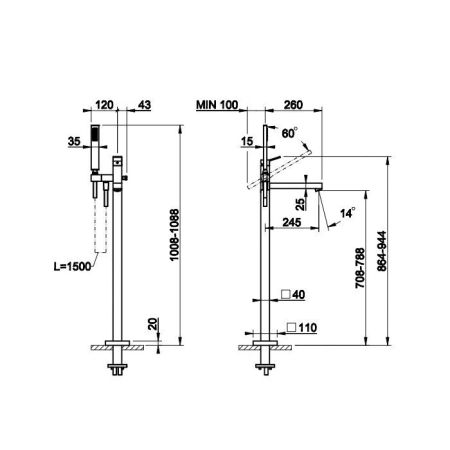 Gessi Rettangolo Напольный смеситель для ванны с ручным душем (внешние части), цвет: хром