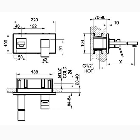 Gessi Rettangolo K Встраиваемый однорычажный смеситель для раковины с индивидуальной длиной излива (70-300мм)(внешние части), цвет: хром, артикул 53084#031