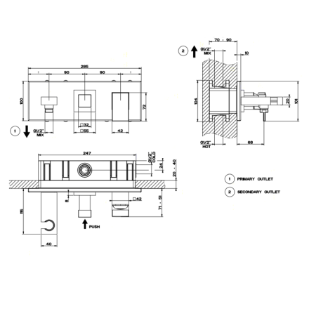 Gessi Rettangolo Встраиваемый смеситель на 2 позиции, подводом воды, держателем лейки и переключателем PUSH(внешние части), цвет: хром, артикул 44910#031