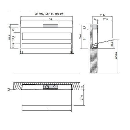 ANTONIO LUPI BATTIGIA Раковина встраиваемая в стену 1800х515х607 мм, с подсветкой, смеситель, донный клапан, сифон, Corian, мрамор Carrara, цвет белый, артикул BATTIGIAML 180