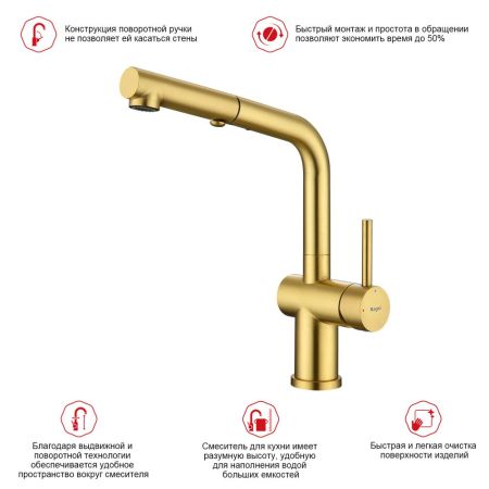 Смеситель для кухни с выдвижным изливом Raglo R86.49.03, золотой сатин