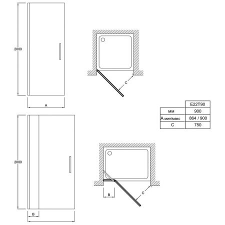 E22T90-GA дверь CONTRA распашная в нишу /90х200/ (прозр. стекло), артикул E22T90-GA