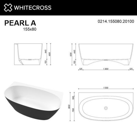 Ванна WHITECROSS Pearl A 155x80 (черный/белый мат) иск. камень, артикул 0214.155080.20100