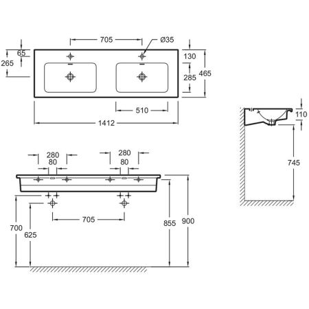 Двойная подвесная раковина-столешница для установки на мебель, 140 х 46 см Jacob Delafon EXAA112-Z-00
