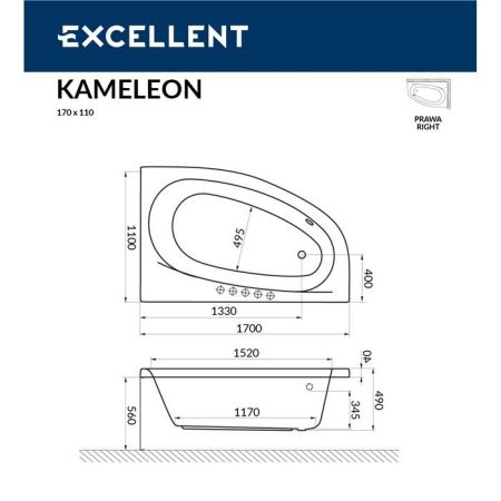 Ванна EXCELLENT Kameleon 170x110 (правая) "NANO" (хром), артикул WAEX.KMP17.NANO.CR