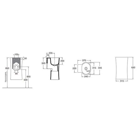 AZZURRA NATIVO Раковина 350х370х620 мм., подвесная, без отверстий для смесителя, в комплекте с крепежом, цвет Antracite