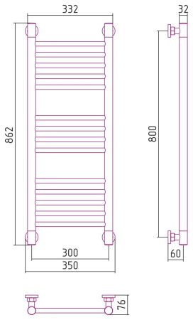 Полотенцесушитель, Сунержа, Богема +, прямая, водяной, ширина, мм-350, глубина, мм-76, высота, мм-862, межосевое расстояние-300, подключение-диагональное/нижнее/вертикальное, мощность, Вт-342, присоединительный размер -НР G 1/2" / НР G 3/4" (эксцентрик), , артикул 30-0220-8030