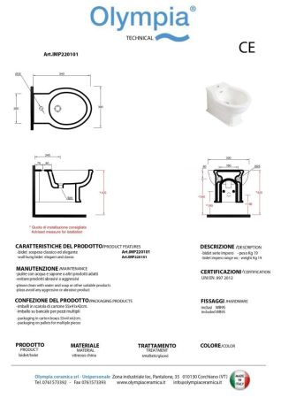Olympia Impero Style, подвесное биде c крепежом, 53x39 см, цвет белый глянцевый, артикул IMP220101