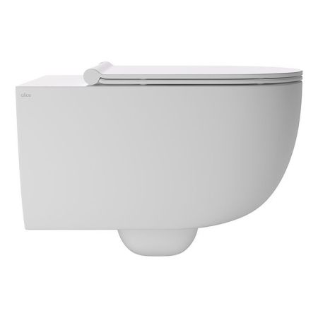 Унитаз, Alice, Unica, безободковый (с открытым смывным краем), тип установки-подвесной, ширина, мм-350, глубина, мм-550, высота, мм-345, форма чаши-овальная, выпуск-горизонтальный, материал-керамика, сиденье-необходимо заказать, вид грязеотталкивающего по, артикул 32240109