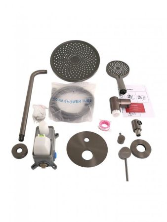 RELAX-DSET-GM Душевой комплект встраиваемый (смеситель встраиваемый, верхний душ, ручной душ со шлангом, штуцер с держателем), оружейная сталь, артикул RELAX-DSET-GM