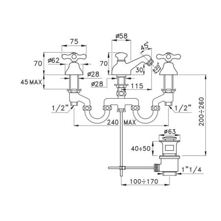 Stella Roma Смеситель для биде на 3 отверстия 3601, с донным клапаном, цвет: хром, артикул RM 00201 CR00