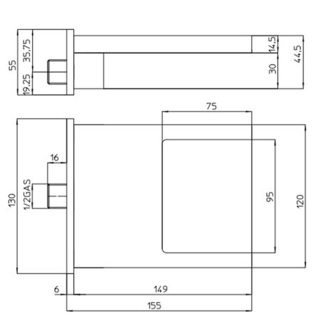 Излив, Bossini, Bocca Cascata XL, для ванной или душа, настенный, вынос излива, мм-155, стандарт подводки-1/2", каскадная струя, материал-латунь, цвет-хром, артикул E88500.030