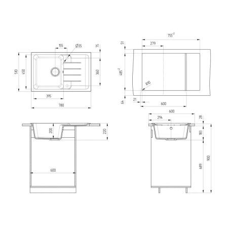 Кухонная мойка Ulgran Quartz Gerda 780-02, лен, артикул Gerda 780-02