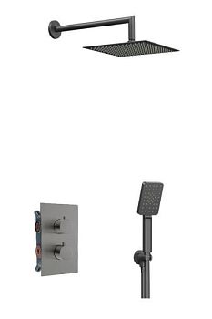 AQG Alpha, душевой комплект на 2 потребителя с термостатом, с квадратным верхним душем 25х25 см и кронштейном, цвет оружейная сталь (PVD)