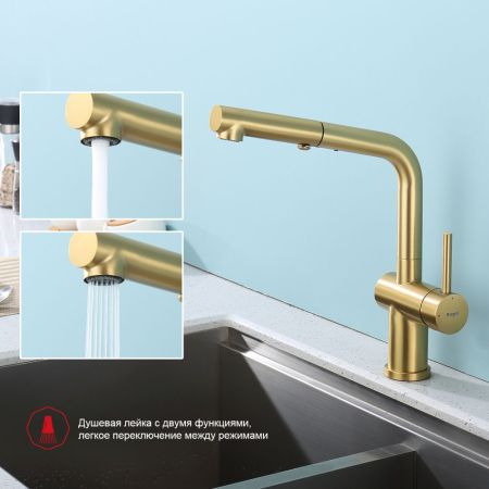 Смеситель для кухни с выдвижным изливом Raglo R86.49.03, золотой сатин