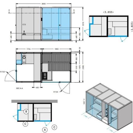Effegibi BodyLove SH Side Сауна & Хаммам система 365x202xh220 см, размещение пристенное, отделка сауны хемлок, хаммам и наружные стены без отделки, артикул BL 45 15 0003