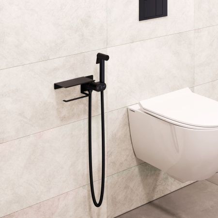 Гигиенический смеситель встроенный c полкой, лейка, шланг в комплекте - RGW SP-221B, черный