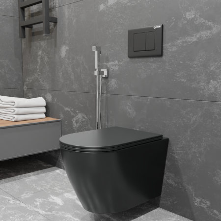 BLACK ESTELLA RIMLESS
Безободковый подвесной унитаз с горизонтальным выпуском в стену c легкосъемным сиденьем с функцией микролифт в комплекте         
Тип смыва: Каскадный                
Размер : 555*365*360mm  
EWC700-121B, артикул EWC700-121B