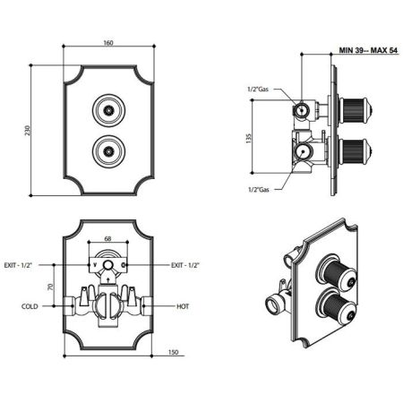 Bongio ROYALE80 Смеситель встроенный термостатический на 2 выхода, цвет золото, артикул 06549OREU