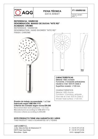 AQG, ручной душ антикальцевый NITE RD 120мм см, 2х режимный, цвет хром, артикул 10NIR0100