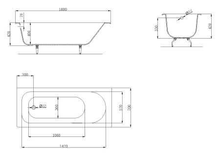 Роксен ванна чугунная 1600*700 б/п, без ручек, ножки в комплекте