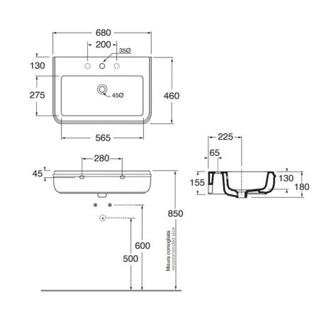 AZZURRA CHARME раковина подвесная 68х46см, с 3отв для смесителя, цвет белый, артикул CHLP06846T0TBI