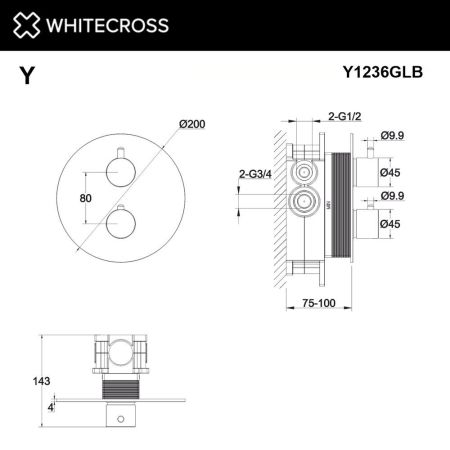 Смеситель термостатический для душа скрытого монтажа WHITECROSS Y Y1236GLB (брашированное золото)