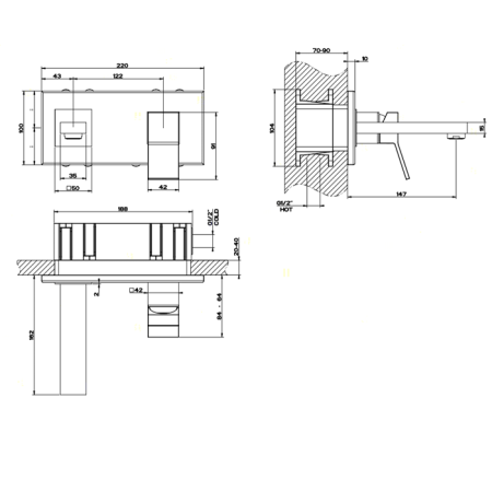 Gessi Rettangolo K Встраиваемый однорычажный смеситель для раковины, излив 147мм(внешние части), цвет: хром