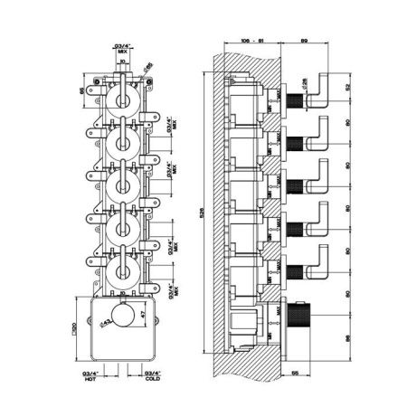 GESSI INCISO Встраиваемый термостатический смеситель на 5 источников, резьба 3/4" (внешние части), цвет: nero XL