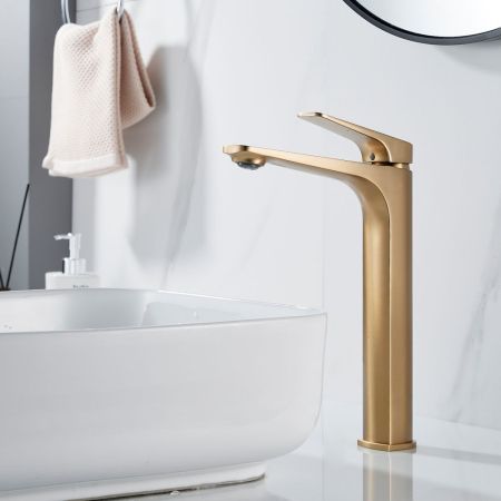 Смеситель для раковины высокий Shevanik S4211G, золотой сатин, артикул S4211G