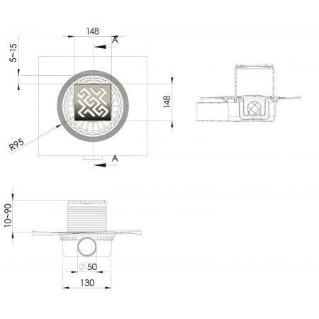 Трап BERGES водосток ZENTRUM Antik 150х150, золото глянец, выпуск D50 H65 боковой, артикул 092365