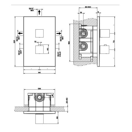 Gessi Rettangolo Встраиваемый термостат, подключение на 3/4”, с переключателем на 3 выхода(внешние части), цвет: черный, артикул 20190#299