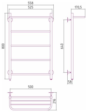 Электрический полотенцесушитель СТИЛЬЕ "Формат 30 Л" 800х500 (Полка + 4) П16 (Без покрытия)