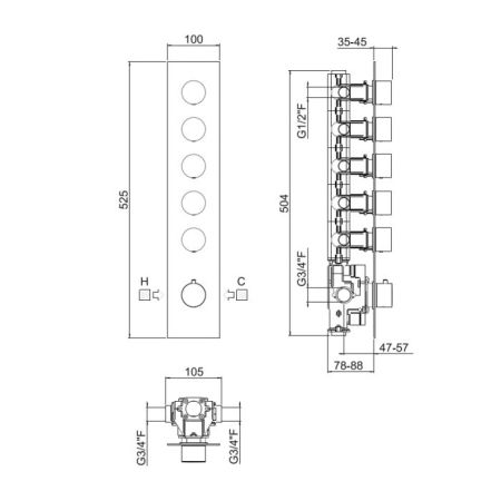 Внутренняя часть, Carimali, назначение-смеситель для душа термостатический с 5-ю независимыми выходами, стандарт подвода воды-1/2", хром