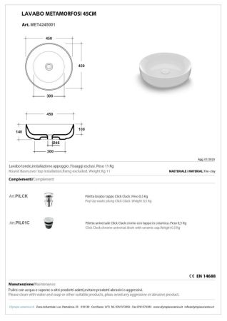 Olympia Metamorfosi, накладная круглая раковина 45xh14 см, с донным клапаном, цвет белый глянцевый, артикул MET4245001