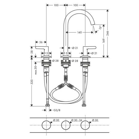 AX One Смеситель для раковины 170, 3 отв., p-open, цвет полированное золото, артикул 48050990