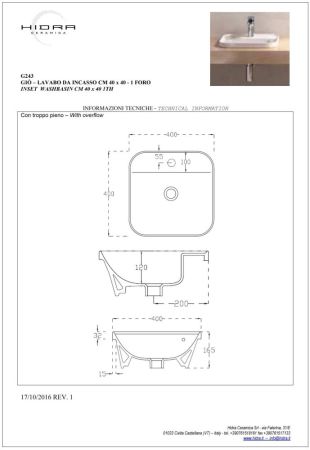 Hidra Gio,  встраиваемая квадратная раковина с закругленными краями 40x40x16,5h см, цвет черный матовый, артикул G243/026
