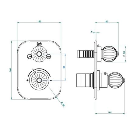 THG MANDARINE METAL Смеситель для душа встраиваемый, термостатический, с переключателем на 2 положения,  внешняя часть, цвет хром/золото