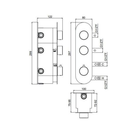 Смеситель для душа, Carimali, ILTONDO, на 2 потребителя, тип открывания воды-однорычажный, тип регулирования воды-термостатический картридж, монтаж-настенный встраиваемый, установка-вертикальная, круглые ручки/эстетическая панель, внутренняя часть-необход, артикул 21027EST/A-CR