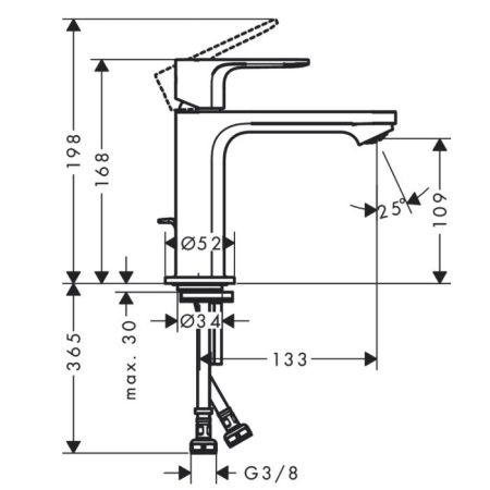 Смеситель для раковины, Hansgrohe, Rebris S, тип открывания воды-однорычажный, тип регулирования воды-керамический картридж, монтаж-на раковину/столешницу, отверстия для монтажа-1, высота, мм-168, вынос излива, мм-133, тип излива-неподвижный, донный клапа, артикул 72517670
