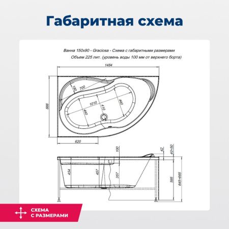 Акриловая ванна Aquanet Graciosa 150x90 L (с каркасом), артикул 00205325