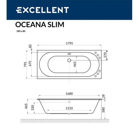 Ванна EXCELLENT Oceana Slim 180x80 "SMART" (хром), артикул WAEX.OCE18S.SMART.CR